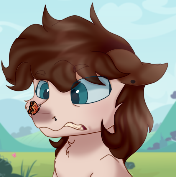 Size: 1024x1030 | Tagged: safe, artist:thatonefluffs, derpibooru import, oc, oc:misanthropic misery, butterfly, earth pony, insect, pony, blushing, butterfly on nose, cloud, earth pony oc, grass, grass field, image, insect on nose, piercing, png, ponysona, sky, solo