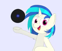 Size: 1700x1400 | Tagged: safe, artist:kanw, derpibooru import, vinyl scratch, pony, unicorn, derpibooru exclusive, gray background, happy, image, missing accessory, png, pointing, simple background, solo, vinyl