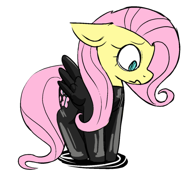 Size: 1213x1125 | Tagged: artist needed, safe, fluttershy, pegasus, pony, cutie mark, female, floppy ears, green eyes, image, latex, latex suit, looking down, mare, pink mane, pink tail, png, sad, side view, simple background, solo, white background, yellow coat