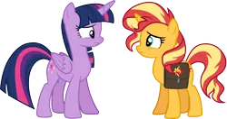 Size: 5693x3000 | Tagged: safe, artist:cloudyglow, derpibooru import, sunset shimmer, twilight sparkle, twilight sparkle (alicorn), alicorn, unicorn, equestria girls, equestria girls series, forgotten friendship, bag, duo, duo female, female, image, looking at each other, looking at someone, png, saddle bag, simple background, transparent background, vector