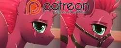 Size: 3918x1560 | Tagged: suggestive, artist:dinoalpaka, derpibooru import, tempest shadow, pony, unicorn, advertisement, belts, female, harness, image, looking at you, mare, patreon, patreon link, patreon logo, patreon preview, png, scar, solo, solo female, tack, wingding eyes