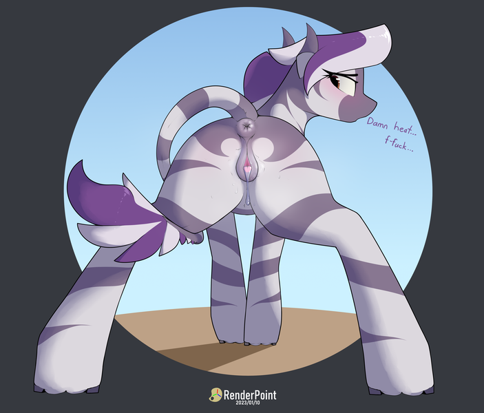 Size: 5000x4266 | Tagged: explicit, artist:renderpoint, derpibooru import, oc, unofficial characters only, zebra, anus, clitoris, derpibooru exclusive, dripping, estrus, female, image, looking back, nudity, png, prehensile tail, presenting, presenting pussy, solo, tail, tail wrap, vagina, vaginal secretions, vulva, vulvar winking, zebra oc