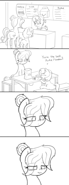 Size: 900x2400 | Tagged: safe, derpibooru import, carrot bun, oc, oc:auntie meadow, pony, adult, annoyed, annoyed look, aunt and niece, awww, bench, black and white, butt, cute, female, filly, foal, food, grayscale, happy, hoof on table, image, lineart, male, mane bun, mare, mcdonald's, messy mane, monochrome, plot, png, restaurant, sitting, sitting on bench, smiling, tail bun, tired, tired eyes, vendor