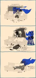 Size: 3165x6900 | Tagged: safe, artist:ponny, derpibooru import, princess luna, oc, oc:femanon, alicorn, human, pony, blanket, broom, clean, cleaning, comic, couch, duo, female, forehead kiss, human and pony, image, kissing, magic, mare, messy, neet, pillow, png, sleeping, speech bubble, sweeping, telekinesis, trash