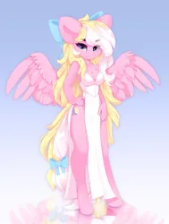 Size: 1549x2048 | Tagged: safe, artist:shooshaa, derpibooru import, oc, oc:bay breeze, unofficial characters only, anthro, pegasus, unguligrade anthro, bow, breasts, choker, clothes, dress, female, hair bow, heart, heart eyes, image, jpeg, looking at you, pegasus oc, pretty, simple background, spread wings, tail, tail bow, wingding eyes, wings