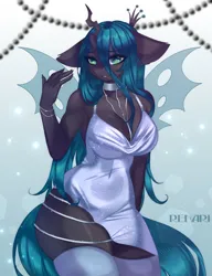 Size: 3000x3900 | Tagged: suggestive, artist:renari, derpibooru import, queen chrysalis, anthro, changeling, adorasexy, breasts, butt, clothes, cute, dress, image, jpeg, looking at you, sexy, smiling, smiling at you, socks, solo, stockings, thigh highs