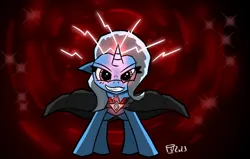 Size: 1384x881 | Tagged: safe, artist:scarletdoodle, derpibooru import, trixie, pony, unicorn, alicorn amulet, blue coat, blue mane, cloak, clothes, dark magic, evil, evil grin, female, grin, image, magic, magic aura, mare, png, red eyes, smiling, solo, solo female