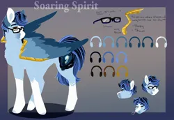 Size: 2048x1412 | Tagged: safe, artist:inisealga, derpibooru import, oc, oc:soaring spirit, unofficial characters only, pegasus, pony, armor, chest fluff, coat markings, colored hooves, colored wings, cutie mark, glasses, image, jpeg, male, markings, multicolored hair, multicolored mane, multicolored tail, multicolored wings, neck fluff, pegasus oc, reference sheet, slim, socks (coat marking), spread wings, stallion, tail, thin, wing armor, wing brace, wings