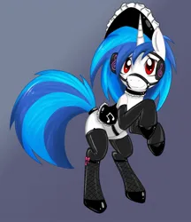 Size: 1257x1455 | Tagged: suggestive, artist:grumblepluck, edit, editor:anonymous, vinyl scratch, pony, unicorn, /mlp/ latex requests, adorasexy, blinders, blue mane, blue tail, bridle, choker, clothes, cute, cutie mark, evening gloves, female, fishnets, gloves, gradient background, halter, hat, image, implied octavia, jpeg, latex, latex gloves, latex socks, latex stockings, long gloves, looking at you, looking forward, maid, maid headdress, mare, pet play, rearing, red eyes, saddle, sexy, smiling, socks, solo, solo female, stockings, stupid sexy vinyl, sweet dreams fuel, tack, tail, tail wrap, thigh highs, two toned mane, two toned tail, vinylbetes, white coat, wrong eye color