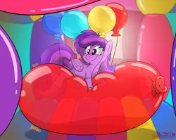 Size: 3700x2942 | Tagged: safe, artist:rupertbluefox, derpibooru import, oc, oc:emilia starsong, pegasus, pony, balloon, balloon fetish, balloon riding, blushing, bouncy castle, color porn, commission, cute, female, fetish, image, lying down, mare, ocbetes, pegasus oc, png, prone, shading, smiling, solo, squishy, that pony sure does love balloons, wings