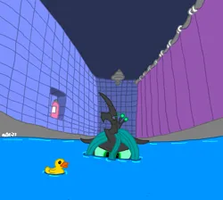 Size: 2619x2348 | Tagged: safe, artist:dragonboi471, derpibooru import, queen chrysalis, changeling, changeling queen, bathtub, female, image, png, rubber duck, shower curtain, solo, water