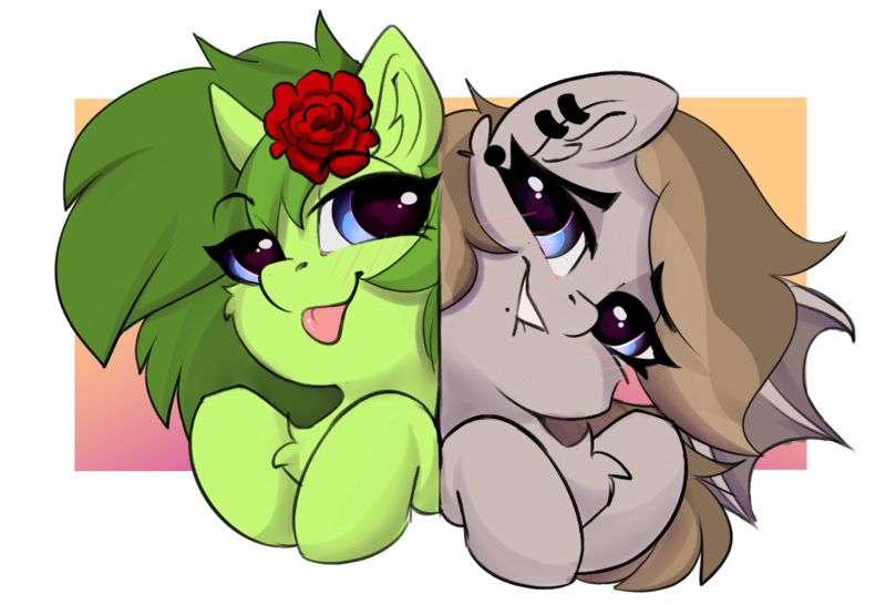 Size: 1365x931 | Tagged: safe, alternate version, artist:rileyisherehide, derpibooru import, oc, oc:somber gale, oc:thorn rose, unofficial characters only, bat pony, pony, unicorn, :p, blue eyes, blushing, bust, chest fluff, commission, duo, duo female, ear fluff, female, flower, heart, heart eyes, hooves, horn, image, lip bite, mare, piercing, png, portrait, simple background, spread wings, spreading, tongue out, transparent background, wing spreading, wingding eyes, wings