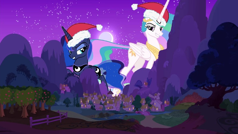 Size: 1192x670 | Tagged: safe, artist:hereward, derpibooru import, princess celestia, princess luna, alicorn, pony, alicorns, christmas, duo, female, hat, hearth's warming eve, holiday, image, jewelry, jpeg, mega giant, night, ponyville, regalia, royal sisters, santa hat, siblings, sisters, size difference