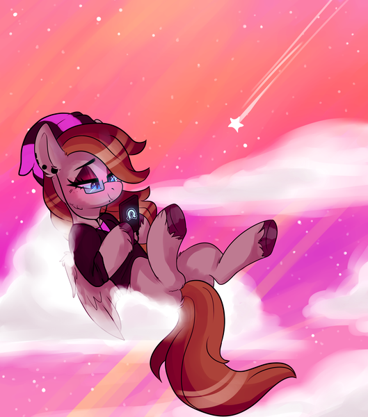 Size: 3000x3400 | Tagged: safe, artist:h0rsefeathers, derpibooru import, oc, oc:somber gale, unofficial characters only, pegasus, pony, beanie, clothes, cloud, earbuds, eyeshadow, female, freckles, hat, image, makeup, mare, mobile phone, pegasus oc, phone, piercing, pink sky, png, shooting star, smartphone, smiling, solo, stars, unshorn fetlocks, wings
