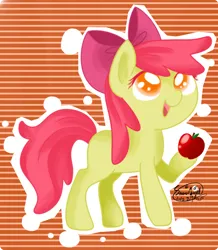Size: 900x1033 | Tagged: safe, artist:snow angel, derpibooru import, apple bloom, earth pony, pony, apple, female, filly, foal, food, hoof hold, image, open mouth, png, solo