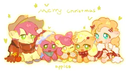 Size: 2671x1503 | Tagged: safe, artist:bubutoday, derpibooru import, apple bloom, applejack, big macintosh, bright mac, granny smith, pear butter, earth pony, pony, :3, apple family, bowtie, christmas, clothes, female, filly, foal, hat, holiday, image, male, mare, merry christmas, one eye closed, open mouth, png, santa hat, scarf, stallion, wink, winter outfit