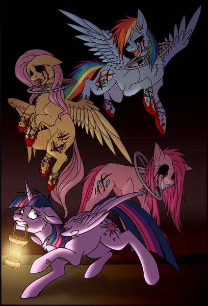 Size: 1453x2136 | Tagged: semi-grimdark, artist:mechanakal, derpibooru import, fluttershy, pinkie pie, rainbow dash, twilight sparkle, twilight sparkle (alicorn), alicorn, earth pony, pegasus, pony, abuse, amnesia: justine, amnesia: the dark descent, amnesiashy, angry, blood, blood splatter, chains, complex background, creepy, crouching, crying, d:, dark background, dashabuse, derpibooru exclusive, dramatic lighting, female, floppy ears, flutterbuse, flying, grin, gritted teeth, group, image, lantern, looking at someone, looking back, mare, my little amnesia, no eyes, open mouth, partially submerged, pinkiebuse, png, quartet, raised hoof, redraw, sad, scared, shrunken pupils, smiling, spread wings, standing in water, suitorshy, tears of blood, teeth, water, wings