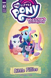 Size: 2063x3131 | Tagged: safe, derpibooru import, idw, fluttershy, rainbow dash, rarity, twilight sparkle, twilight sparkle (alicorn), alicorn, pegasus, unicorn, clothes, comic cover, dress, holding hooves, image, little fillies, little women, my little pony classics reimagined: little fillies, png