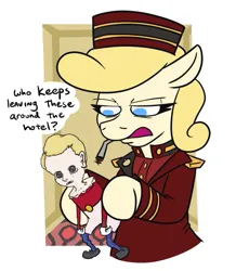 Size: 639x734 | Tagged: safe, artist:jargon scott, derpibooru import, oc, oc:belle hop, unofficial characters only, earth pony, pony, annoyed, bellhop, cap, cigarette, clothes, dialogue, female, hat, hoof hold, image, mare, no pupils, png, solo, the shining, uniform