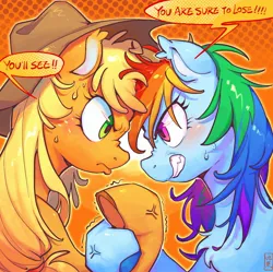 Size: 1798x1789 | Tagged: safe, artist:千雲九枭, derpibooru import, applejack, rainbow dash, earth pony, pegasus, pony, abstract background, applejack's hat, chest fluff, cowboy hat, cross-popping veins, dialogue, duo, ear fluff, emanata, female, freckles, gritted teeth, hat, image, jpeg, looking at each other, looking at someone, mare, signature, sweat, talking, teeth