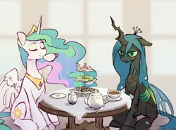 Size: 3276x2424 | Tagged: safe, artist:laymy, derpibooru import, princess celestia, queen chrysalis, alicorn, changeling, changeling queen, pony, cookie, duo, eyes closed, female, food, grumpy, image, jpeg, long mane, queen chrysalis is not amused, sitting, slim, smiling, table, tea, tea party, teapot, thin, unamused