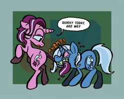 Size: 1500x1200 | Tagged: safe, artist:horsewizardart, artist:icky_slicky, derpibooru import, starlight glimmer, trixie, pony, unicorn, biting, collaboration, dialogue, duo, female, grin, heart, image, jpeg, lesbian, lidded eyes, looking back, sharp teeth, shipping, smiling, startrix, tail, tail bite, tail pull, teeth