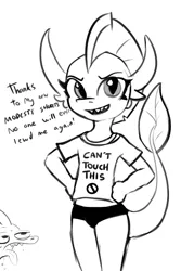 Size: 792x1186 | Tagged: suggestive, artist:tjpones, derpibooru import, smolder, spike, dragon, black and white, bloomers, clothes, dragoness, drool, female, female focus, grayscale, hand on hip, image, looking at you, monochrome, open mouth, png, shirt, simple background, solo focus, t-shirt, talking to viewer, tongue out, white background