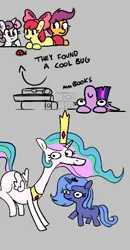 Size: 233x449 | Tagged: safe, artist:tjpones, derpibooru import, apple bloom, princess celestia, princess luna, scootaloo, sweetie belle, twilight sparkle, alicorn, earth pony, insect, ladybug, pegasus, pony, unicorn, aggie.io, book, bookhorse, cutie mark crusaders, female, filly, foal, grayscale, image, mare, missing cutie mark, monochrome, png, snoot, woona, younger