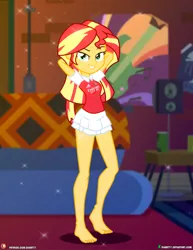 Size: 1500x1942 | Tagged: safe, artist:dieart77, derpibooru import, sunset shimmer, equestria girls, adidas, barefoot, clothes, commission, deviantart, deviantart logo, dress, feet, female, image, indoors, jpeg, logo, looking at you, patreon, patreon logo, skirt, solo, url