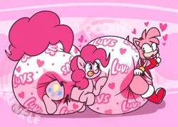 Size: 2266x1626 | Tagged: safe, artist:shslsadcat, derpibooru import, pinkie pie, earth pony, hedgehog, pony, amy rose, crossover, diaper, diaper fetish, fetish, image, impossibly large diaper, png, poofy diaper, sonic the hedgehog (series), tongue out