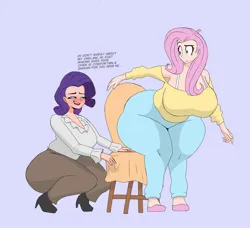 Size: 2048x1866 | Tagged: suggestive, artist:mrwastemaster, derpibooru import, fluttershy, rarity, human, blushing, butt, chair, clothes, denim, fat, fat fetish, fetish, flutterbutt, humanized, image, jeans, jpeg, pants, rearity, shirt