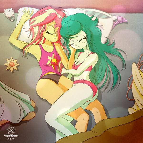 Size: 4500x4500 | Tagged: suggestive, artist:theratedrshimmer, derpibooru import, sunset shimmer, wallflower blush, human, equestria girls, adorasexy, bed, commission, cute, eyes closed, female, flowerbetes, image, messy hair, png, sexy, shimmerbetes, shipping, sleeping