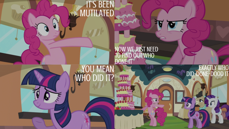 Size: 4400x2475 | Tagged: safe, derpibooru import, edit, edited screencap, editor:quoterific, screencap, mulia mild, pinkie pie, rarity, twilight sparkle, earth pony, pony, unicorn, mmmystery on the friendship express, bipedal, female, image, mare, png, unicorn twilight