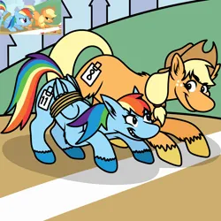 Size: 2048x2048 | Tagged: safe, derpibooru import, screencap, applejack, rainbow dash, earth pony, pegasus, pony, fall weather friends, bound wings, female, image, mare, png, rope, scene interpretation, screencap reference, wings