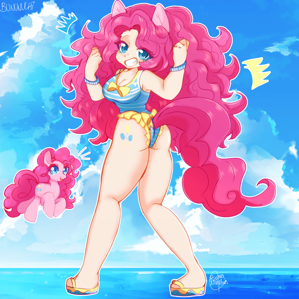 Size: 2048x2048 | Tagged: safe, artist:bununuchi, derpibooru import, pinkie pie, human, pony, beach, boobs and butt pose, breasts, chibi, chubby, cleavage, clothes, cloud, cute, cutie mark, cutie mark on human, female, female focus, frilled swimsuit, human coloration, humanized, image, light skin, looking at you, ocean, one-piece swimsuit, png, sky, sleeveless, smiling, solo focus, swimsuit, water, wavy hair