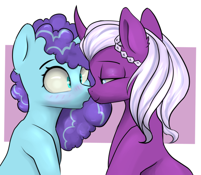 Size: 2157x1882 | Tagged: safe, artist:dumbwoofer, derpibooru import, opaline, pony, g5, spoiler:g5, blushing, boop, ear fluff, female, image, lidded eyes, looking at each other, looking at someone, mare, misty brightdawn, noseboop, open mouth, png, simple background, surprised, transparent background