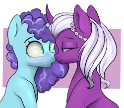 Size: 2157x1882 | Tagged: safe, artist:dumbwoofer, derpibooru import, opaline, pony, g5, spoiler:g5, blushing, boop, ear fluff, female, image, lidded eyes, looking at each other, looking at someone, mare, misty brightdawn, noseboop, open mouth, png, simple background, surprised, transparent background