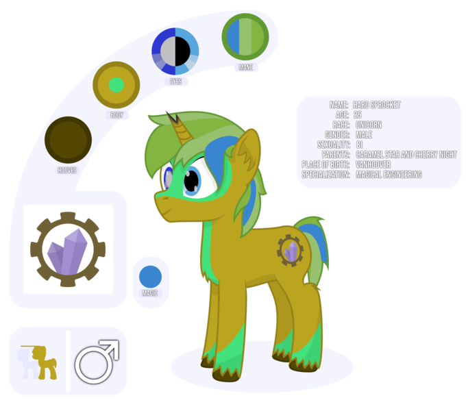 Size: 4213x3719 | Tagged: safe, artist:mrkm, derpibooru import, oc, oc:hard sprocket, pony, unicorn, bisexual, blind eye, broken horn, derpibooru exclusive, full body, horn, image, male, png, reference sheet, simple background, smiling, solo, stallion, transparent background, unicorn oc, unshorn fetlocks