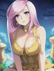 Size: 512x682 | Tagged: suggestive, derpibooru import, editor:sammykun, machine learning generated, novelai, stable diffusion, fleur-de-lis, human, big breasts, breasts, bust, busty fleur-de-lis, cleavage, clothes, dress, female, humanized, image, jpeg, looking at you, night, night sky, sexy, sitting, sky, solo, solo female, sultry pose, yellow dress