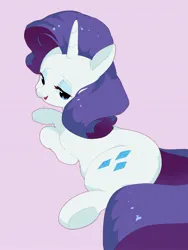 Size: 1498x1997 | Tagged: safe, artist:cheesesauce_45, derpibooru import, rarity, earth pony, pony, unicorn, butt, female, image, jpeg, lidded eyes, looking back, lying down, mare, open mouth, open smile, pink background, plot, prone, rearity, simple background, smiling, solo, underhoof