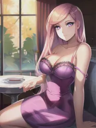 Size: 512x682 | Tagged: suggestive, derpibooru import, editor:sammykun, machine learning generated, novelai, stable diffusion, fleur-de-lis, human, breasts, bust, busty fleur-de-lis, cleavage, clothes, dress, female, humanized, image, jpeg, lighting, looking at you, night, plant, reasonably sized breasts, restaurant, sexy, sitting, solo, solo female, table, window