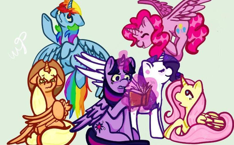 Size: 830x516 | Tagged: safe, artist:scaredkoi, derpibooru import, applejack, fluttershy, pinkie pie, rainbow dash, rarity, twilight sparkle, twilight sparkle (alicorn), alicorn, pony, alicornified, applecorn, book, eyes closed, fluttercorn, flying, glow, glowing horn, horn, image, jpeg, magic, magic aura, mane six, mane six alicorns, pinkiecorn, race swap, rainbowcorn, raricorn, telekinesis, xk-class end-of-the-world scenario