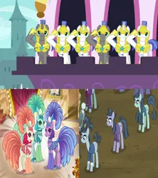 Size: 1280x1440 | Tagged: safe, derpibooru import, edit, edited screencap, official, screencap, buzzsaw mccolt, crosscut mccolt, emerald flare, hacksaw mccolt, sapphire sequins, sunset circus, earth pony, pegasus, pony, unicorn, a canterlot wedding, the hooffields and mccolts, armor, cropped, feather, female, front knot midriff, gameloft, headdress, image, male, mare, mccolt family, midriff, performer, png, royal guard, salute, saw sisters, shipping, shipping domino, show mares, showgirl, slim, straight, thin, trio