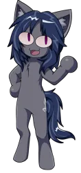 Size: 1108x2349 | Tagged: safe, derpibooru import, oc, oc:mattriel, unofficial characters only, earth pony, pony, semi-anthro, bipedal, blue mane, cat ears, earth pony oc, fusion, image, long mane, long mane male, looking sideways, male, mischievous, neco-arc, open mouth, pink eyes, png, simple background, slit pupils, smiling, solo, stallion, transparent background