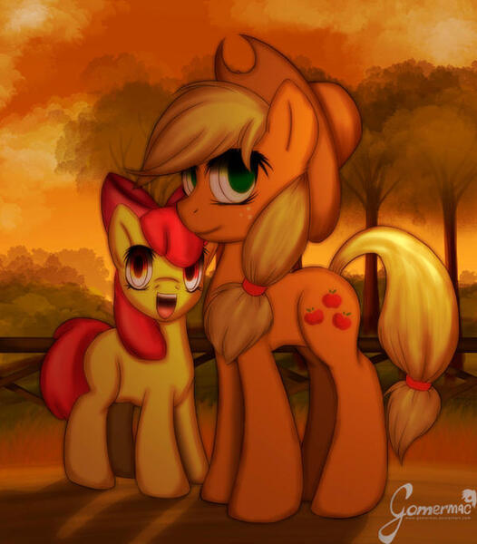 Size: 600x685 | Tagged: safe, artist:gamermac, derpibooru import, apple bloom, applejack, earth pony, pony, apple sisters, female, filly, foal, image, jpeg, mare, open mouth, siblings, sisters