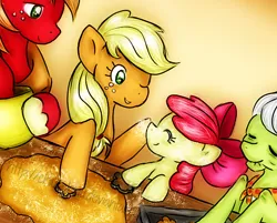 Size: 572x461 | Tagged: safe, artist:chiuuchiuu, derpibooru import, apple bloom, applejack, big macintosh, granny smith, earth pony, pony, adorabloom, apple family, baking, christmas, cute, eyes closed, female, filly, foal, food, holiday, image, male, mare, one eye closed, pastry, png, smiling, stallion, wink