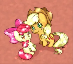Size: 903x793 | Tagged: safe, artist:chiuuchiuu, derpibooru import, apple bloom, applejack, earth pony, pony, apple sisters, female, filly, foal, image, looking at you, png, siblings, simple background, sisters