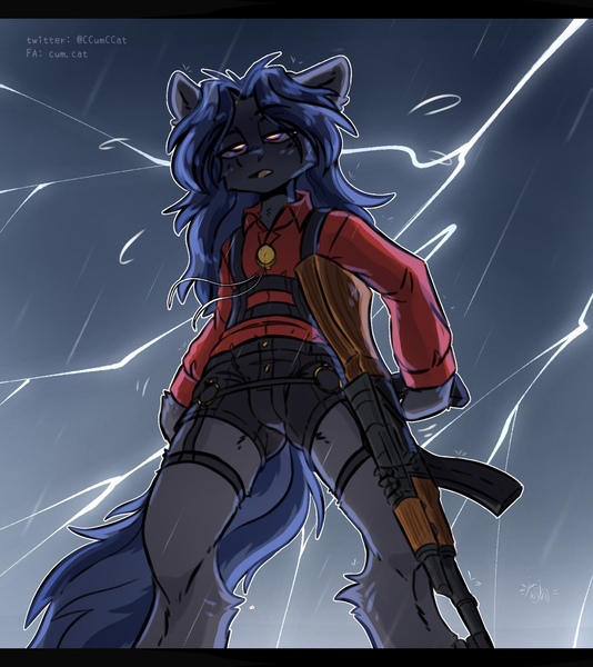 Size: 1594x1791 | Tagged: safe, artist:kosha, derpibooru import, oc, oc:mattriel, unofficial characters only, earth pony, pony, semi-anthro, ak-47, assault rifle, bipedal, blue mane, clothes, earth pony oc, garter belt, garters, glow, glowing eyes, gun, harness, image, jewelry, jpeg, lightning, long mane, long mane male, male, necklace, open mouth, rain, red shirt, rifle, shorts, solo, stallion, tack, tired, weapon
