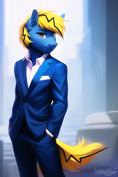 Size: 2048x3072 | Tagged: safe, derpibooru import, machine learning generated, oc, oc:thunder lightning, unofficial characters only, anthro, earth pony, pony, clothes, image, looking at you, male, png, smiling, solo, stallion, suit