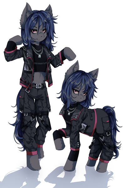 Size: 2378x3510 | Tagged: safe, artist:tweenstrip, derpibooru import, oc, oc:mattriel, unofficial characters only, earth pony, pony, semi-anthro, belly, belt, belts, bipedal, blue mane, chains, clothes, earth pony oc, image, jacket, long mane, long mane male, looking at you, male, pants, pink eyes, png, pocket, raised hoof, self paradox, self ponidox, simple background, smiling, smirk, stallion, white background